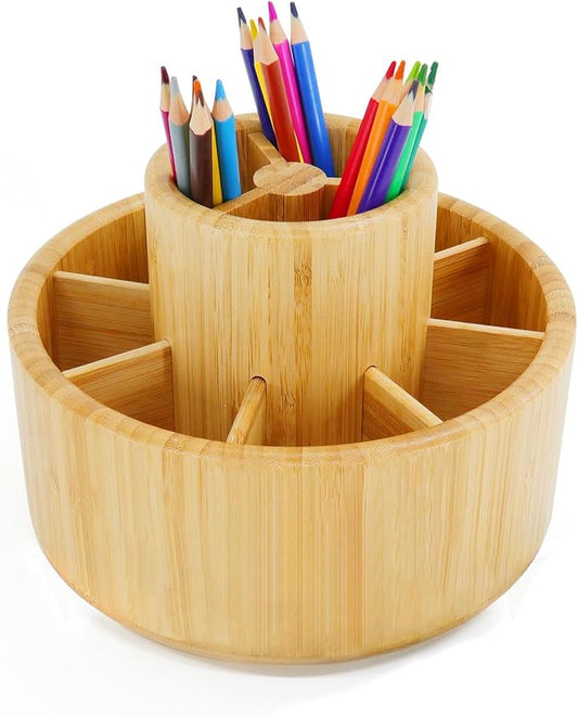 Utoplike Bamboo Rotating Art Supply Desk Organizer, Pencil Holder Organizer, Desktop Storage Caddy for Pen, Colored Pencil, Crayon, Paint Brushes, Art Studio&Office-DeskLoop Office