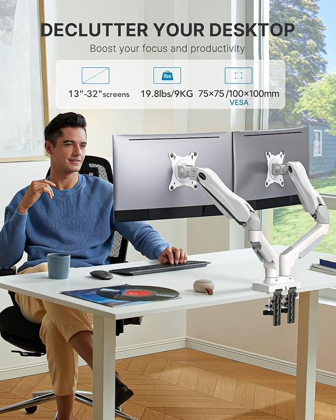 HUANUO Dual Monitor Stand - Full Adjustable Monitor Desk Mount Swivel Vesa Bracket with C Clamp, Grommet Mounting Base for 13 to 32 Inch Computer Screens - Each Arm Holds 4.4 to 19.8lbs - White-DeskLoop Office