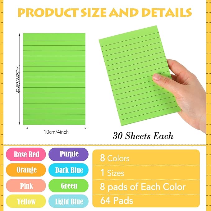 Yexiya 64 Pcs Lined Sticky Notes Self Stick Notes with Lines Bright Assorted Colors Sticky Pad for Home Office Products Post Memos, 1920 Sheets(4 x 6 Inch,Classic Color)-DeskLoop Office