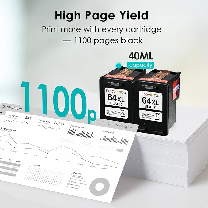 Remanufactured Ink Cartridge Replacement for HP Ink 64 Black HP64 XL HP64XL for Envy Photo 7858 7855 7120 7155 7100 7158 7164 6255 6252 6232 7800 Inspire 7200e 7900e 7955e Tango X Printer-DeskLoop Office