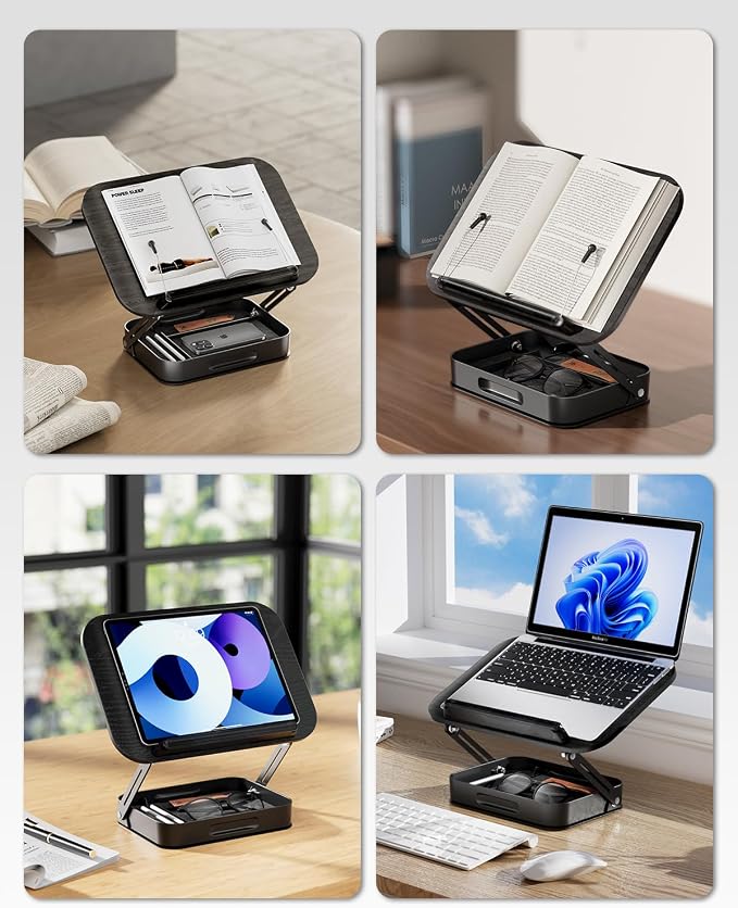 Adjustable Book Stand with Storage Drawer, 360° Rotating Book Holder, Height & - Image 2