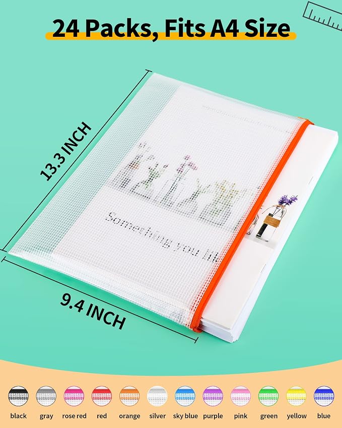 Smarpau A4/Letter Size Zipper Pouch, 24 Pack 12 Colors 13.3" x 9.4" Plastic - Image 2