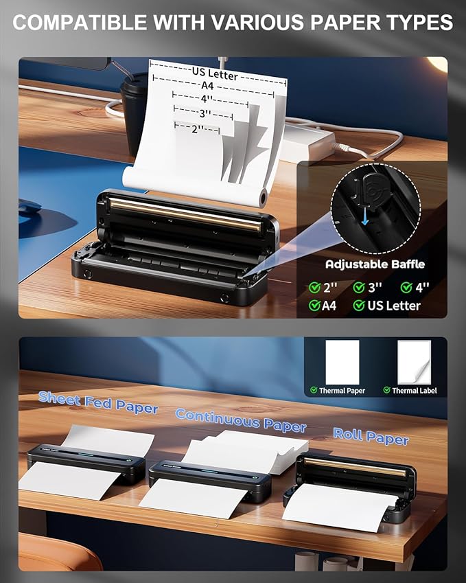 COLORWING Portable Printers Wireless for Travel, 300DPI Mini Compact Inkless Printer, Thermal Bluetooth Printer Compatible with Android and iOS Smartphone & Tablet & Laptop - Black-DeskLoop Office