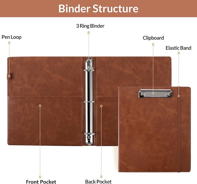SKYDUE 3 Ring Binder with Clipboard, 1 Inch Binder, 13.2" × 10.2" PU Clipboard - Image 6