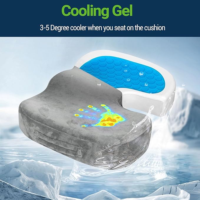Gel Seat Cushion – Office Chair Cushion – Non-Slip Gel Memory Foam Coccyx Cushion for Tailbone Pain - Desk Chair Car Seat Cushion Driving - Sciatica Back Pain Relief, Velvet, Grey-DeskLoop Office