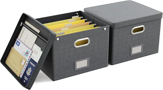 2 Pack File Organizer Box with Lid, Large Hanging Filing Box with Mesh Pocket, Document Organizer for Letter Files, Portable Storage Case for Office&Home (Dark grey)-DeskLoop Office