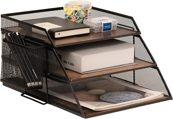 Vintage Wood & Metal Letter Tray， Stackable Desk Organizers Paper Tray， by mesh+desktop+storage