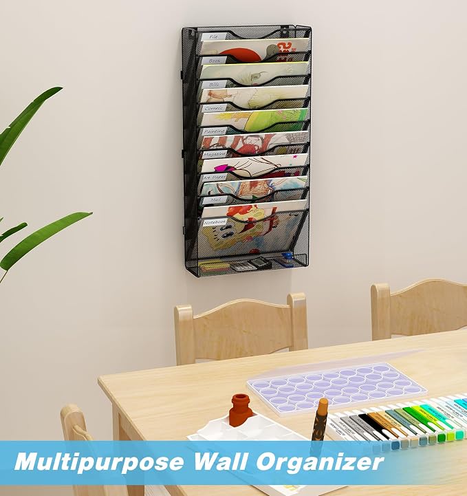 Solinxe 10 Tier Wall File Organizer, Vertical Mesh Paper Mail Organizer Wall - Image 6