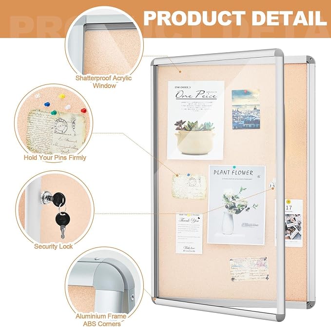 Geetery 26 x 20 Inch Enclosed Fabric Bulletin Board Tamperproof Lockable - Image 3