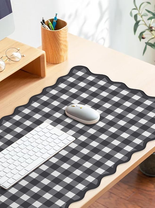 Scalloped‌ Black Desk Mat Checkered Gingham Cute XXL Large Gaming Mouse Pad - Image 3