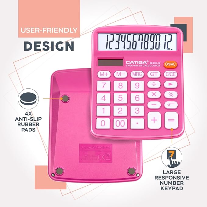 CATIGA Desktop Calculator (2 Pack) 12 Digit with Large LCD Display and Sensitive Button, Solar and Battery Dual Power, Standard Function for Office, Home, School, CD-2786 (Blue/Pink)-DeskLoop Office