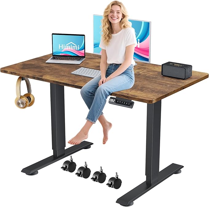 Himimi Electric Standing Desk 48 x 24 inch for Home Office,Sit-Stand Adjustable Desk with Memory Presets,Height Adjustable Desk for Gaming/Working,Free Hook, Lockable Wheels,Brown-DeskLoop Office
