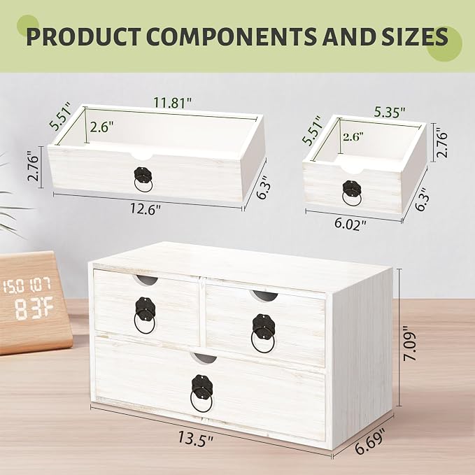 Wood Desk Organizer with Drawer, Tabletop Storage Organization Box - Image 3