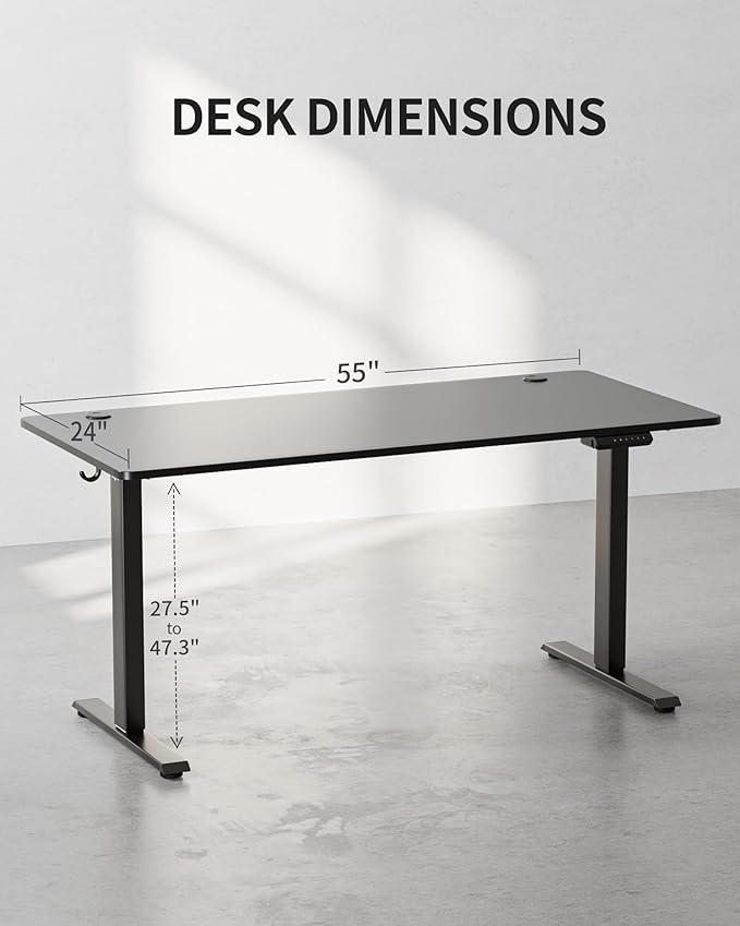 FEZIBO One-Piece Standing Desk Adjustable Height Stand up Home Office Desk, 55x24 Inch Electric Standing Computer Desk, with 4 Memory Presets, Fixable casters, Black-DeskLoop Office