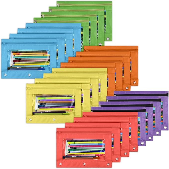 YoeeJob Pencil Pouch for 3 Ring Binder，Zipper Pencil Pouches Bulk，Pencil Case Pouch with Clear Window for Class, School, Office, 6 Colors-24 Packs-DeskLoop Office