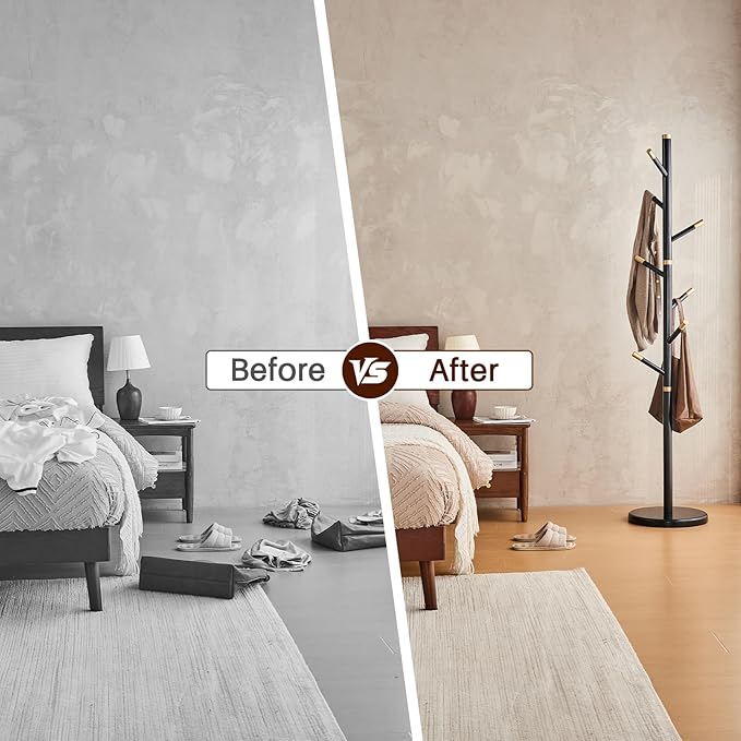 Uniclinens Coat Rack Freestanding Solid Wood Coat Tree Standing with 7 Hooks, Coat Rack Stand Creative Tree Branch-look (Black)-DeskLoop Office