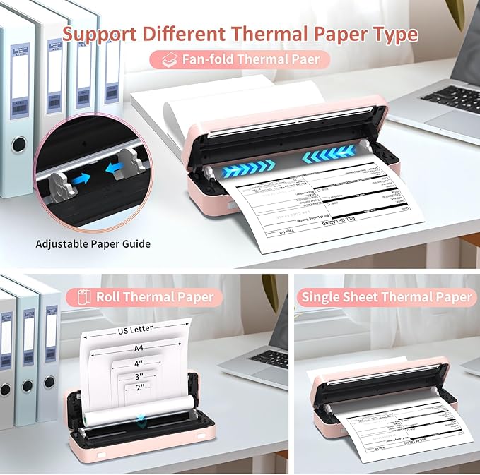 Inkless Portable Printer for Travel, Wireless Thermal Printer Supports 8.5 x 11 Inch US Letter Size, Bluetooth Machine Includes Carry Case and 3 Rolls of Thermal Paper Kit, Pink-DeskLoop Office