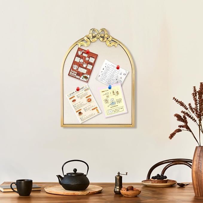 Vintage Arched Linen Cork Board with Gold Bowknot – Decorative Bulletin Board for Walls, Iron Frame Pin Board for Notes, Photos & Reminders, Elegant Vision Board for Home & Office 16"x21"-DeskLoop Office