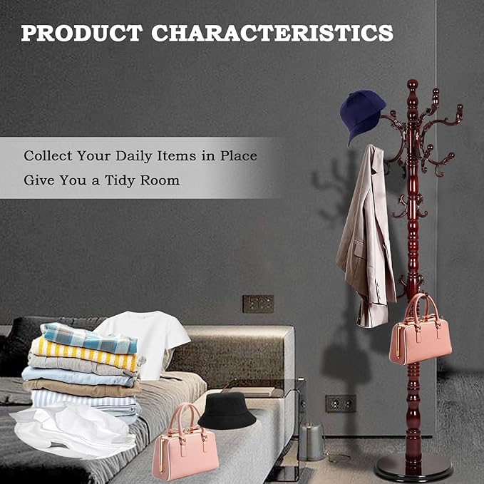 Coat Racks Free Standing with 14 Hooks, Natural Wood Coat Rack with Solid Round Base, Adjustable Height Coat Racks, Easy Assembly for Hallway, Bedroom and Office (Reddish brown)-DeskLoop Office