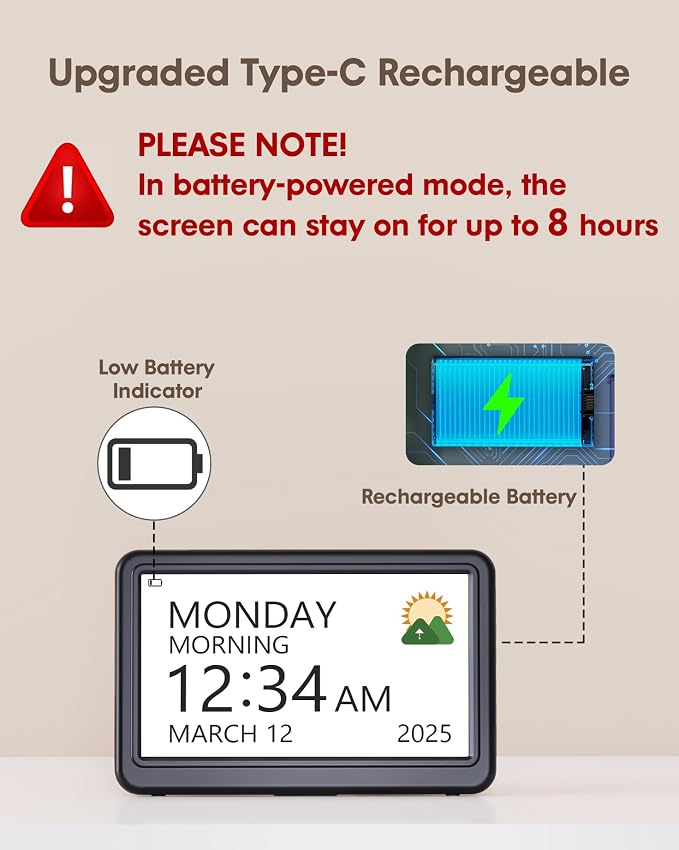 Clock with Day and Date for Elderly Battery Operated, Rechargeable Digital - Image 4