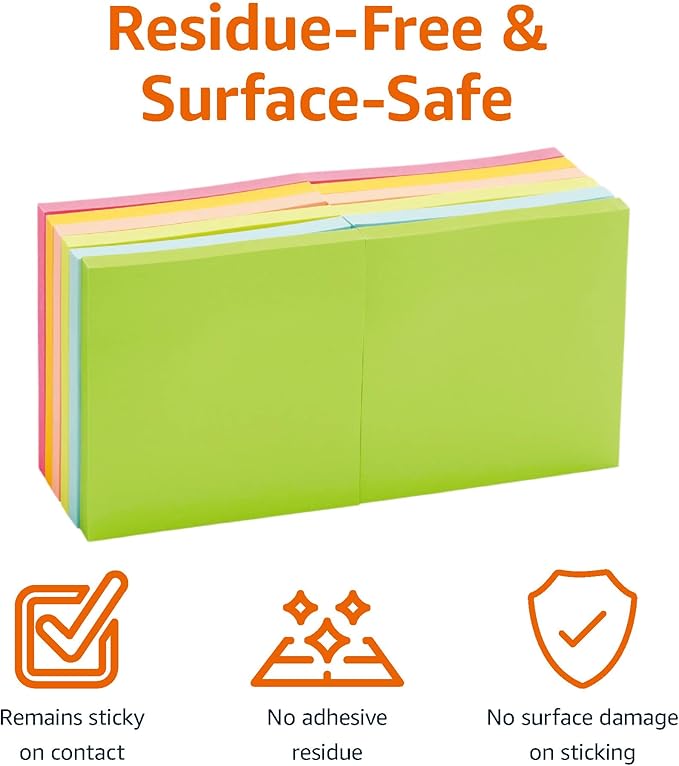 Amazon Basics Sticky Notes, 3x3 Inches, Assorted Colors Self-Stick Pads, Easy to Post for Home, Office, Notebook, 70 sheets/Pad, Pack of 12-DeskLoop Office