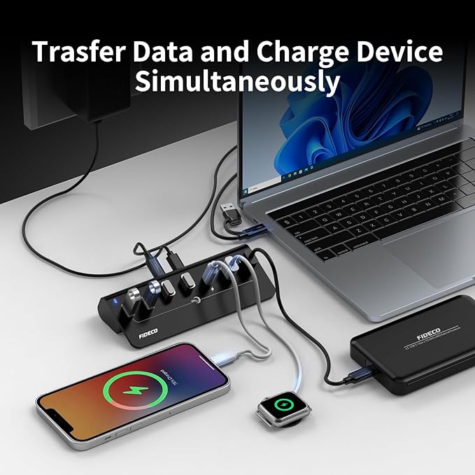 FIDECO Powered USB Hub, 7 Port USB 3.2 Gen 2, 10Gbps Fast Data Hub for iPhone 16/15 and Laptop, Aluminum USB Splitter with 5V 3A Power Adapter, 4 USB-A and 3 USB-C Ports, Support BC1.2 Charging-DeskLoop Office