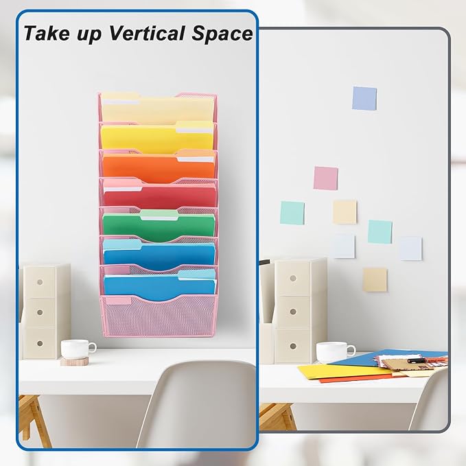 EASEPRES 8 Pocket Mesh Hanging Wall File Organizer, Wall Mounted Mail Paper Document Folder Holder, Clipboard Storage Organization Magazine Rack with Nametag Label for Office Home School, Pink-DeskLoop Office