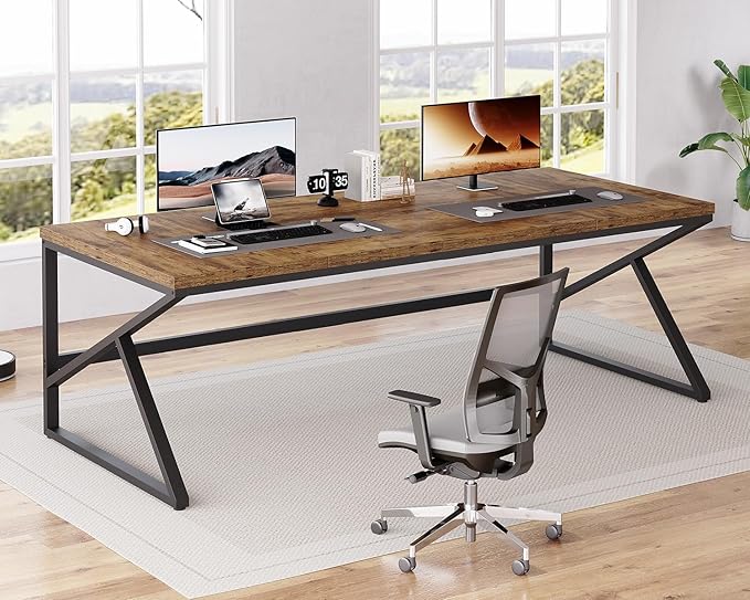 HSH Large Rustic Brown Computer Desk, 78 Inch Extra Long Metal Wood Desk for Home Office, Two Person Executive Writing Study Gaming Desk Table, Bedroom Living Room PC Laptop Dual Monitor Desk-DeskLoop Office