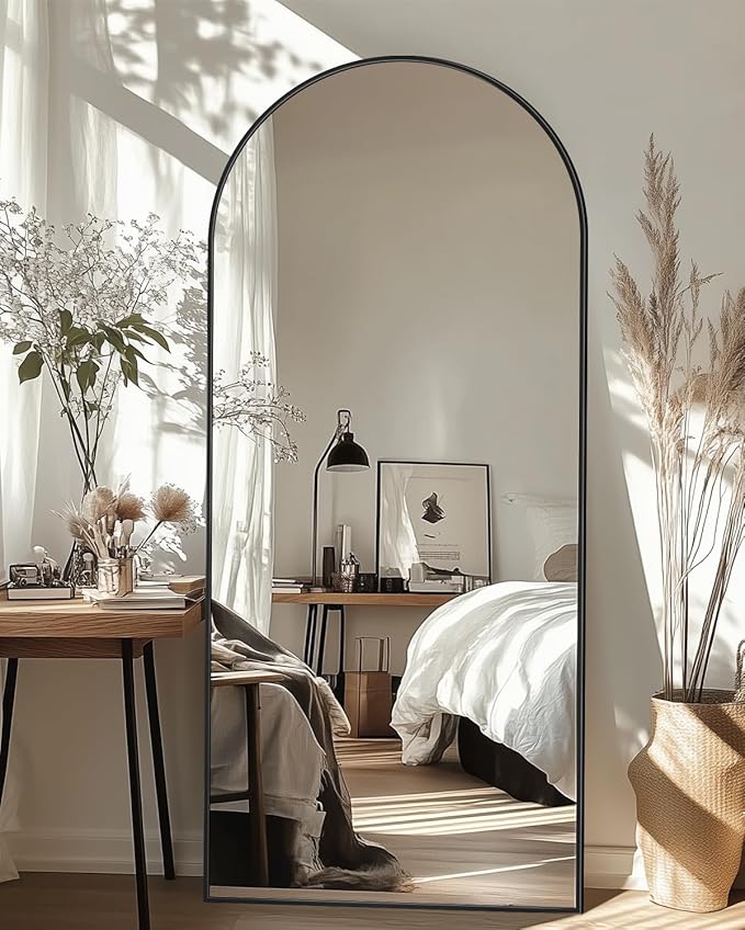 Full-Length Floor Mirror with Stand, 58"x21" Arched Style Full Body Standing Mirror for Bedroom, Living Room, Gym, Dorm - Shatter-Resistant & Easy Assembly, Black-DeskLoop Office