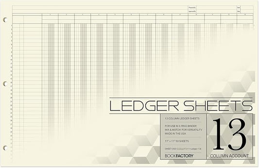 BookFactory Ledger Sheets/Large 13 Column Accounting Ledger Columnar Loose Leaf by BookFactory