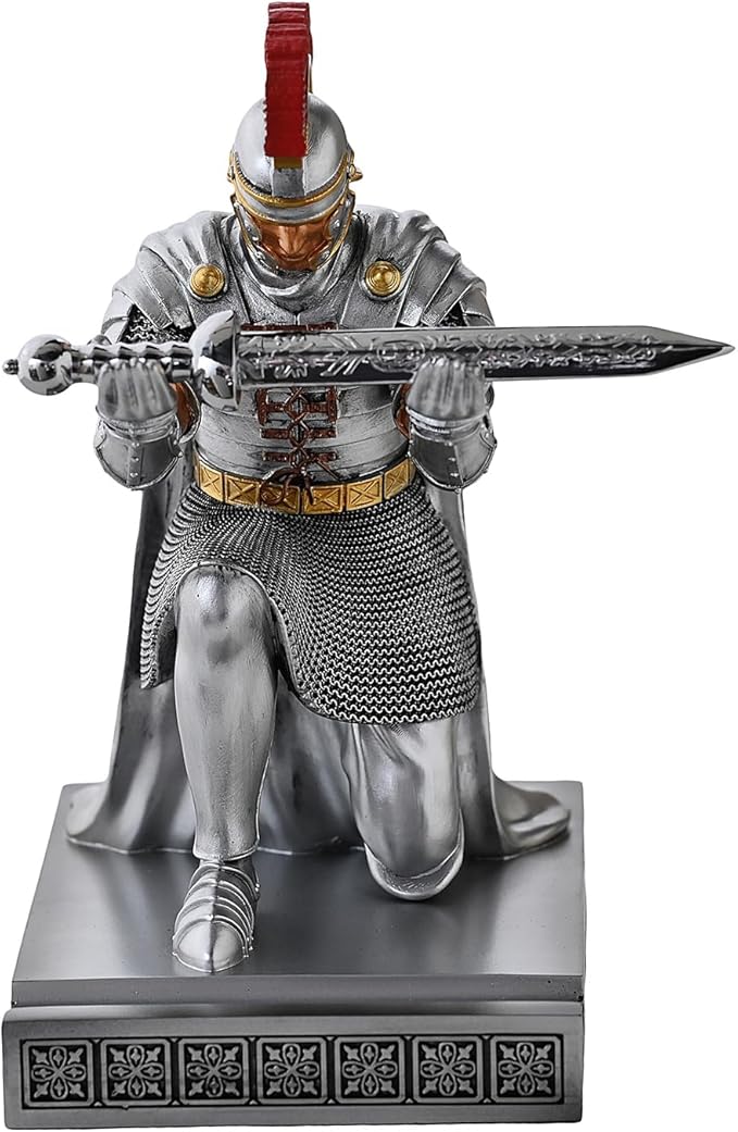 Roman Praetorian Prefect Warrior Knight Pen Holder Desk Ornament Resin Praetorian Guard Mobile Phone Stand Desk Accessories and Organizer For Office with a Letter Opener (Silver)-DeskLoop Office