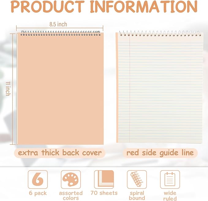 Maitys 6 Pack 8.5 x 11'' Top Bound Office Steno Book Wide Ruled Double Sided Spiral Steno Books Reliable White Paper 70 Sheets/Pad Pastel Colors Covers for Writing Notes College(Cute Color)-DeskLoop Office