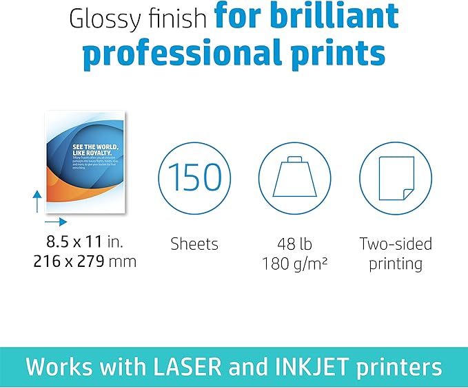 HP Professional Business Paper, Glossy, 8.5x11 in, 48 lb, 150 sheets, works with inkjet, PageWide, laser printers (Q1987A)-DeskLoop Office