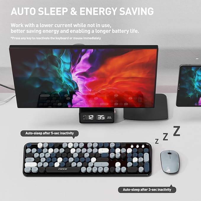 FOPETT 2.4GHz Wireless Keyboard and Mouse Set with Switch Button - Full-Size Keyboard - Compatible for Windows/Laptop/PC/Notebook/Smart TV and More - Grey Colorful-DeskLoop Office