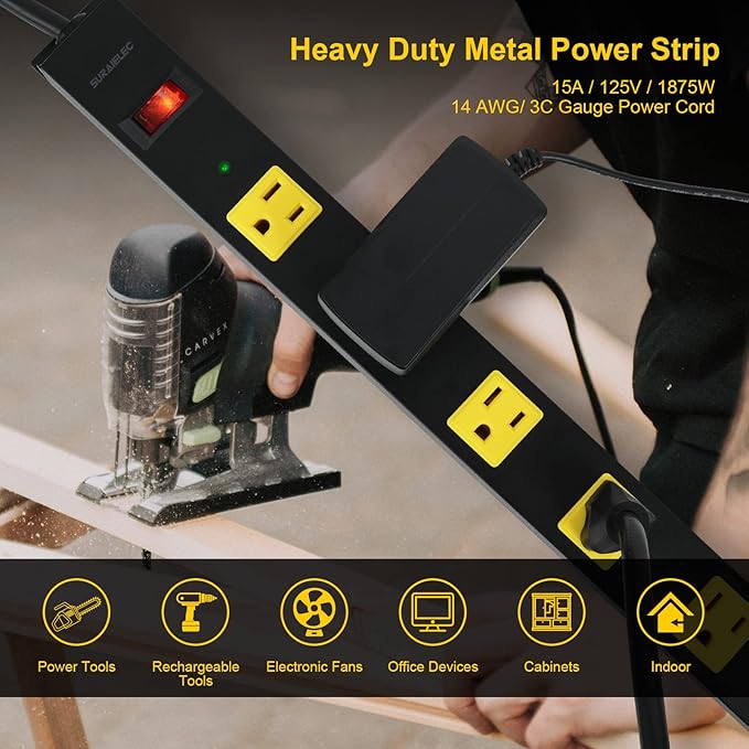 SURAIELEC 12 Outlet Long Metal Power Strip, 15FT Cord Surge Protector, Angled Flat Plug, Wide Spaced Outlet Bar, 15A Breaker, Wall Mountable, Industrial Heavy Duty for Work Bench, Shop, Garage, 2 Pack-DeskLoop Office