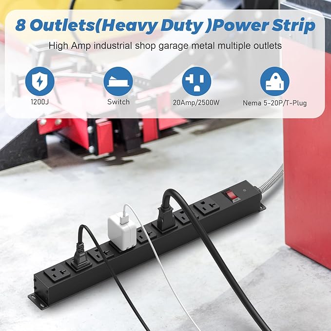 20 Amp Power Strip Heavy Duty, 12 Gauge Extension Cord for Appliance Workbench Garage Industrial, Metal 8 Outlets Combine with T-Plug Adapter 5-20R T-Slot, 1200J Surge Protector-DeskLoop Office
