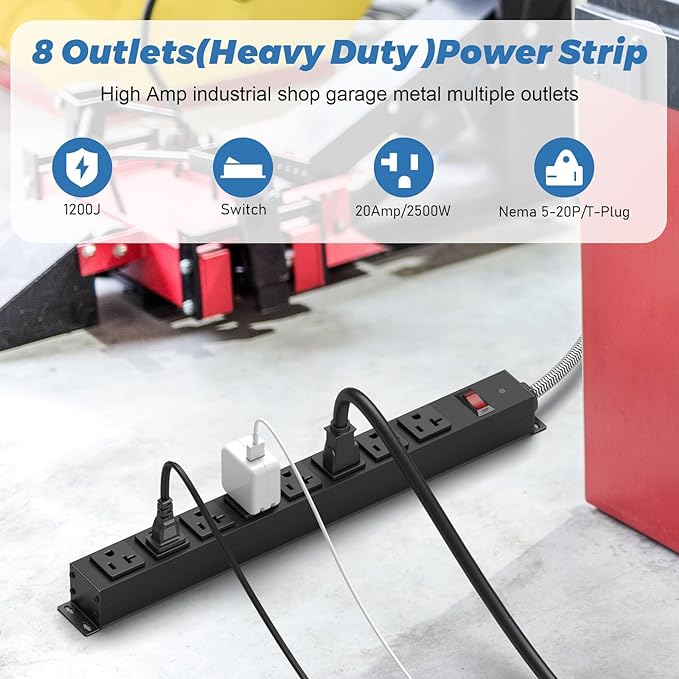 HEZI 20 Amp Power Strip Surge Protector 1200J, Metal 8 Outlets Heavy Duty 20amp, 15Ft 12 Gauge Extension Cord for Appliance Workbench Garage Industrial, Combine with T-Plug Adapter,5-20R T-Slot-DeskLoop Office