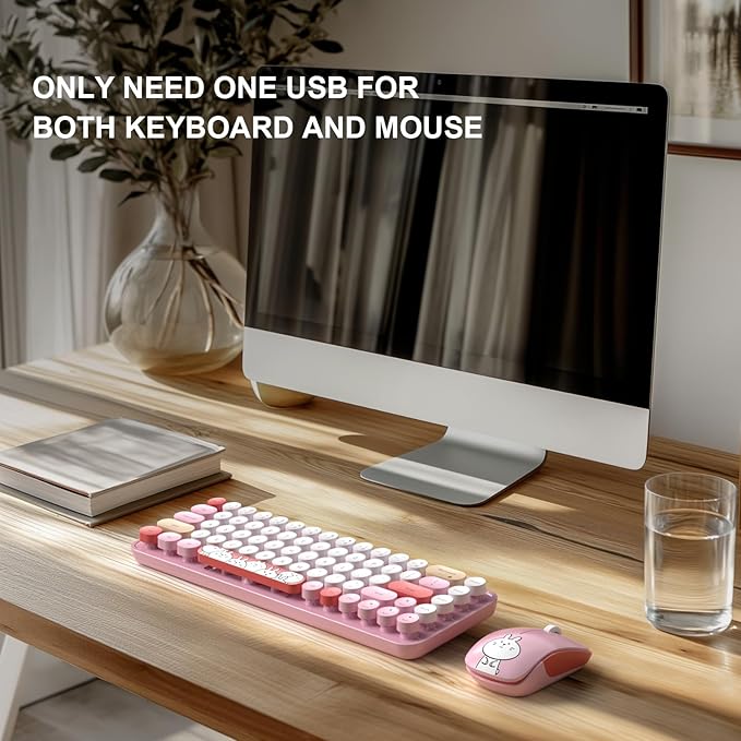 FOPETT Wireless Keyboard and Mouse Cute Mouse and Keyboard 2.4G Wireless Keyboards with Colorful 68 Keys Typewriter Retro Round Keycap for PC, Laptop,Tablet,Computer Windows - Pink Colorful-DeskLoop Office