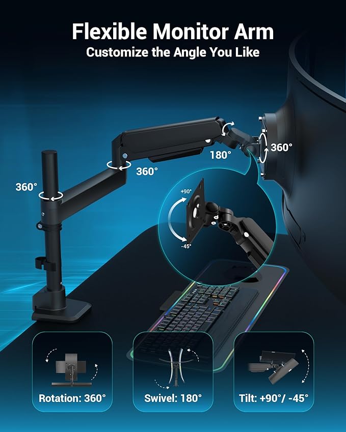 Heavy Duty Monitor Arm for 13-49 Inch Ultrawide Screens, Holds Up to 44lbs, Fully Adjustable Single Monitor Mount, with Clamp & Grommet Base, 75/100mm VESA Desk Mount, Black-DeskLoop Office