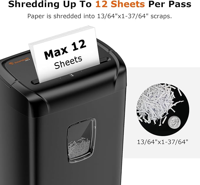 Bonsaii 12-Sheet Paper Shredder for Home Office Use, 10-Minute Cross Cut Shredder with 5.5 Gallons Bin, P-4 High Security Heavy Duty Office Shredder Shred CD/Credit Card-DeskLoop Office
