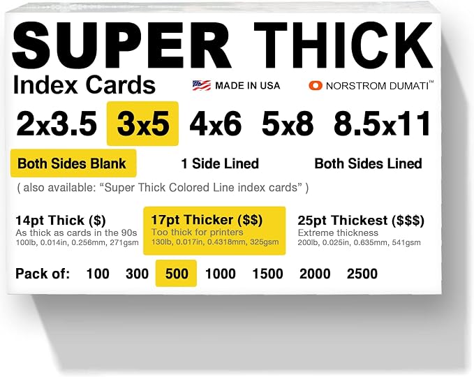 500 SUPER THICK index cards / 3"x5" / 17pt 130lb / blank un-ruled/archival by Norstrom+Dumati