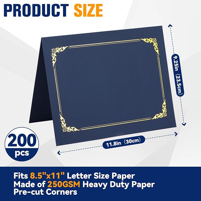 200 Packs Certificate Covers, 250gsm Navy Blue Diploma Holders - Image 2