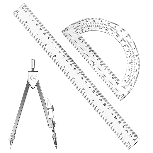 3 Packs Plastic 12 Inch Ruler, 6 Inch Clear Protractor and Compasses Set by Unknown