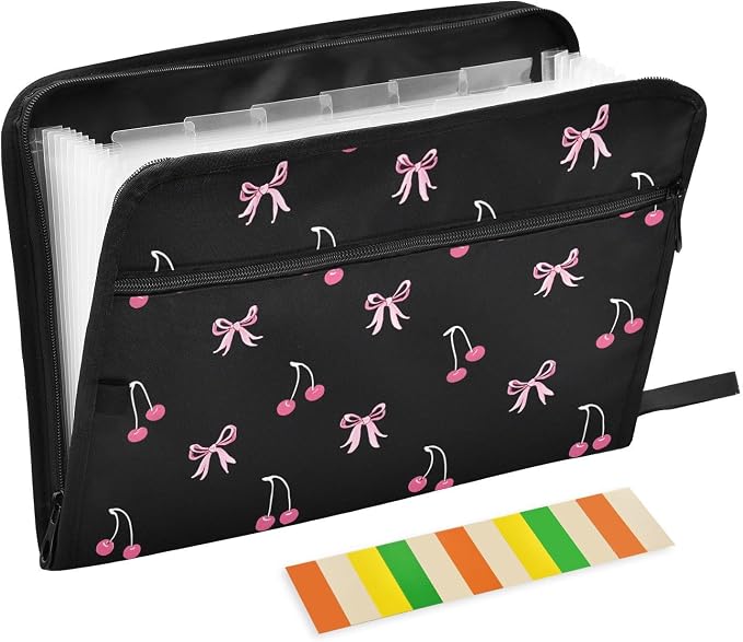 Expanding File Folder Black Pink Bow Cherry Accordion File Organizer 13 Pockets by ALAZA