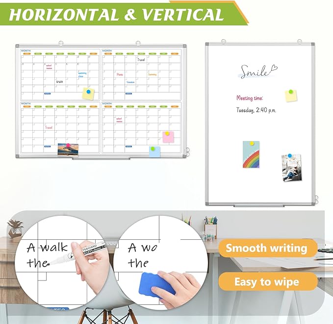 Dry Erase Calendar Whiteboard for Wall, 36" x 24" Magnetic Planner, Silver Aluminum Frame 4 Month Board for Office Home and School-DeskLoop Office