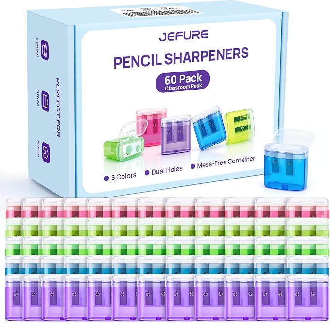 60 Pack Bulk Pencil Sharpeners for Classroom, Double Hole Small Manual Sharpener by JEFURE