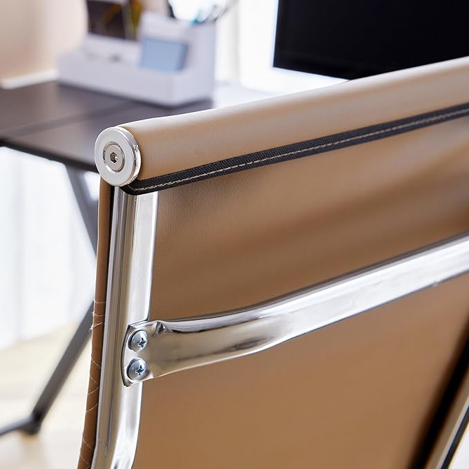 Livinia Modern Executive Office Chair with Patterned Back Design, Chrome & Leather Swivel Chair with High Back, Adjustable Height, Removable Armrests, and Wheels for Home Office (Brown(Chrome))-DeskLoop Office