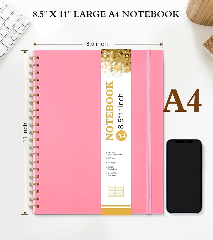 Spiral Notebook Journal 8.5” x 11”, A4 Large Pink Notebooks for Women Men, College Ruled Lined Journal, 100 GSM Paper, Plastic Hardcover Spiral Bound Journals for Work School Note Taking Business-DeskLoop Office