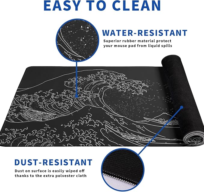 Japanese Gaming Mouse Pad Abstract Black Mouse Pad 31.5x11.8 Inch Black Sea - Image 4