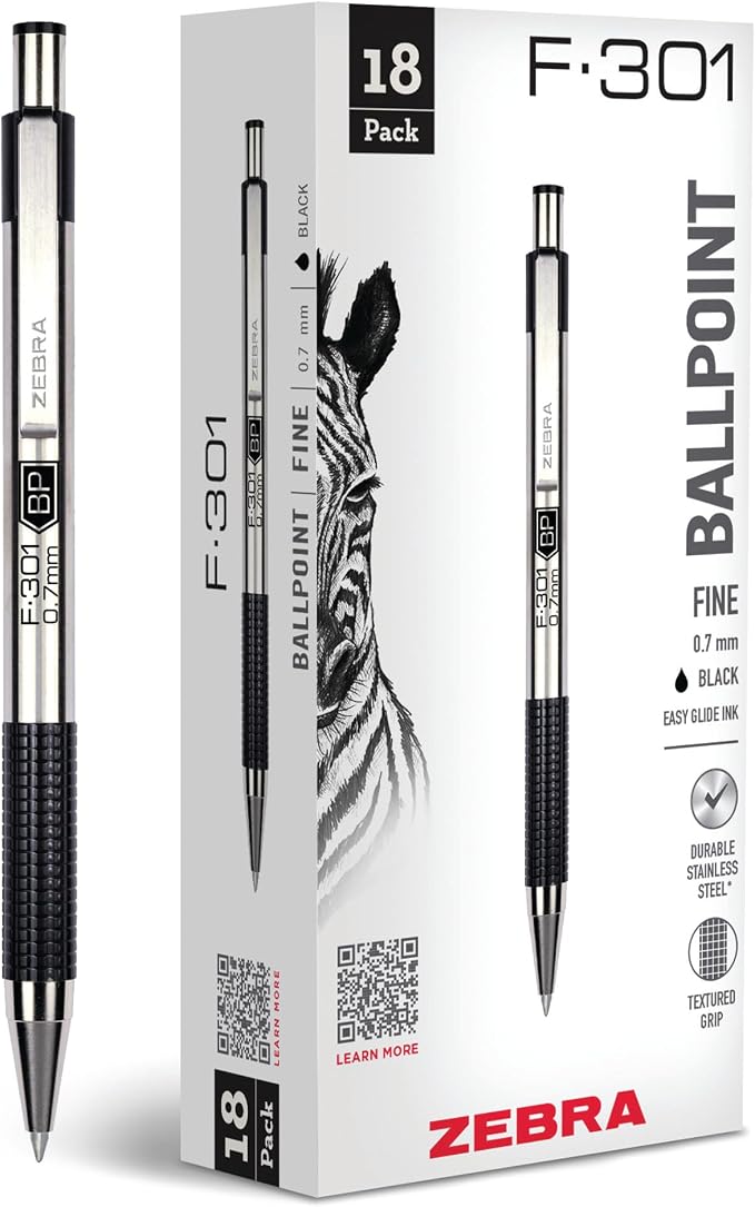 Zebra Pen F-301 Ballpoint Black Ink Fine Point 0.7mm Pen, Easy-Glide Ink by ZebraPen